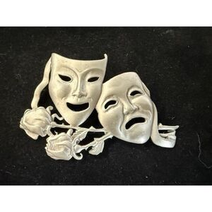 JJ Jonette Pewter Vintage Comedy Tragedy Mask Brooch Pin 2 Roses